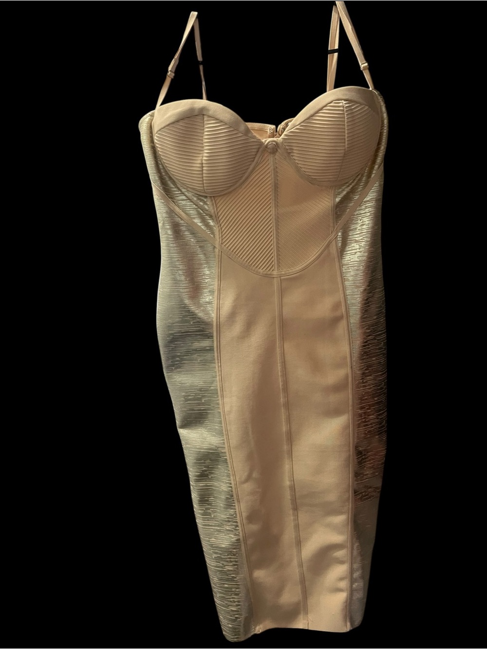 Fashion Nova Metallic Champagne Midi Bodycon Dress